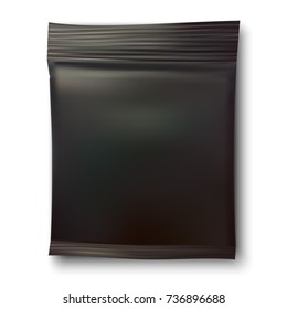 Realistic empty black foil packaging mockup with shadow on white background, vector illustration