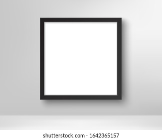 Realistic empty black picture frame. Poster in the frame on the wall. Blank white picture mockup template. Vector design