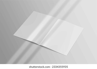 Realistic empty blank A4 A5 flyer, booklet, half-fold, brochure, leaflet, book presentation template design. Window and leaves shadow overlay, isolated on white background. 3D Vector Illustration.
