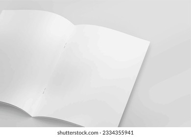 Realistic empty blank A4 A5 flyer, booklet, half-fold, brochure, leaflet, book presentation template design. Window and leaves shadow overlay, isolated on white background. 3D Vector Illustration.