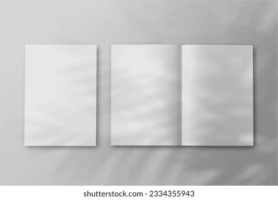 Realistic empty blank A4 A5 flyer, booklet, half-fold, brochure, leaflet, book presentation template design. Window and leaves shadow overlay, isolated on white background. 3D Vector Illustration.