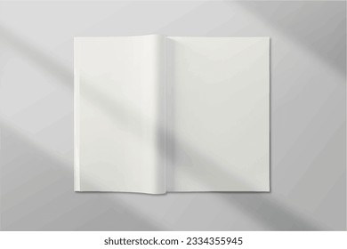 Realistic empty blank A4 A5 flyer, booklet, half-fold, brochure, leaflet, book presentation template design. Window and leaves shadow overlay, isolated on white background. 3D Vector Illustration.