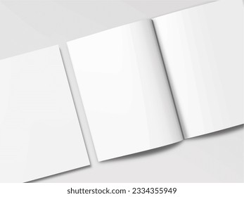 Realistic empty blank A4 A5 flyer, booklet, half-fold, brochure, leaflet, book presentation template design. Window and leaves shadow overlay, isolated on white background. 3D Vector Illustration.