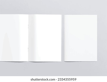 Realistic empty blank A4 A5 flyer, booklet, half-fold, brochure, leaflet, book presentation template design. Window and leaves shadow overlay, isolated on white background. 3D Vector Illustration.