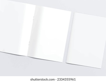 Realistic empty blank A4 A5 flyer, booklet, half-fold, brochure, leaflet, book presentation template design. Window and leaves shadow overlay, isolated on white background. 3D Vector Illustration.