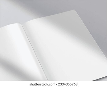 Realistic empty blank A4 A5 flyer, booklet, half-fold, brochure, leaflet, book presentation template design. Window and leaves shadow overlay, isolated on white background. 3D Vector Illustration.