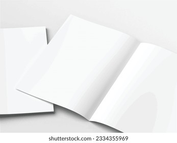 Realistic empty blank A4 A5 flyer, booklet, half-fold, brochure, leaflet, book presentation template design. Window and leaves shadow overlay, isolated on white background. 3D Vector Illustration.