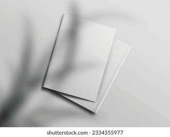 Realistic empty blank A4 A5 flyer, booklet, half-fold, brochure, leaflet, book presentation template design. Window and leaves shadow overlay, isolated on white background. 3D Vector Illustration.