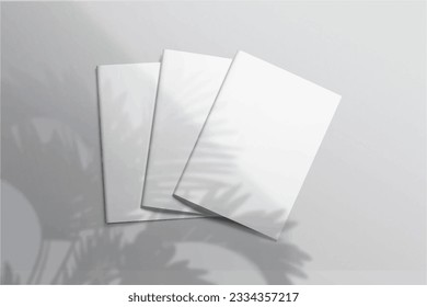 Realistic empty blank A4A5 flyer, booklet, half-fold, brochure, leaflet, book presentation template design. Window and leaves shadow overlay, isolated on white background. 3D Vector Illustration.