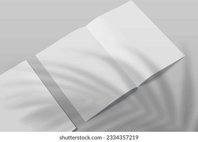 Realistic empty blank A4A5 flyer, booklet, half-fold, brochure, leaflet, book presentation template design. Window and leaves shadow overlay, isolated on white background. 3D Vector Illustration.