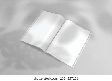 Realistic empty blank A4A5 flyer, booklet, half-fold, brochure, leaflet, book presentation template design. Window and leaves shadow overlay, isolated on white background. 3D Vector Illustration.