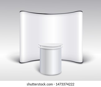 Realistic empty and blank promo stand, display for advertising and promotion at exhibition. Template of promotional stand for information and presentation. Realistic vector illustration, promo stand.