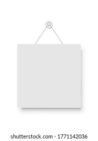 Realistic empty blank signboard white square hanged on suction cup. Round shape sign frame template hanging on wall. Price tag mockup. Advertisement, promotion isolated on white background