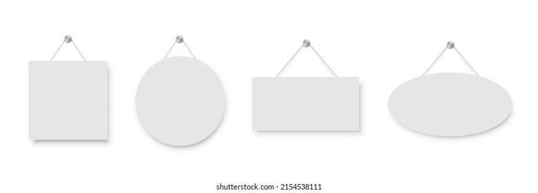 Realistic empty blank white signboards hanged on metal holders. Circle, rectangle, oval and square frame templates hanging on wall. Price tags mockup. Advertisement, promotion isolated on white