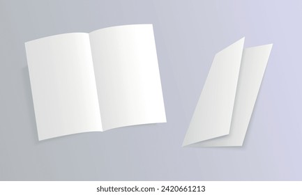 Realistic empty books on a white background. Open and closed page of brochure, notepad, magazine, booklet, cover. 3D mockup template for your design. Blank white sheets of paper. Vector