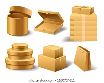 Realistic empty cardboard box Opened. Brown delivery. Carton package with fragile sign on transparent white background. Set of isolated mockup for web. Container for shipping, transportation and mail.