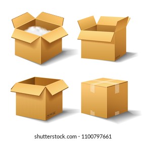 Realistic empty cardboard box Opened. Brown delivery. Carton package with fragile sign on transparent white background. Set of isolated mockup for web. Container for shipping, transportation and mail.