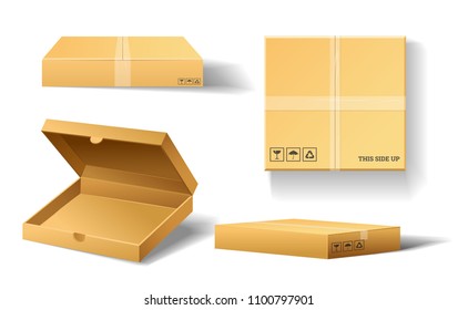 Realistic empty cardboard box Opened. Brown delivery. Carton package with fragile sign on transparent white background. Set of isolated mockup for web. Container for shipping, transportation and mail.