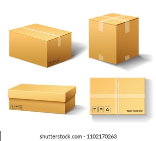 Realistic Empty Cardboard Box Opened. Brown Delivery. Carton Package With Fragile Sign On Transparent White Background. Set Of Isolated Mockup For Web. Container For Shipping, Transportation And Mail.