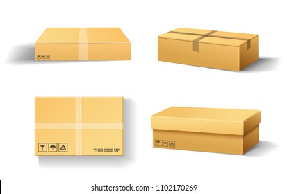 Realistic empty cardboard box Opened. Brown delivery. Carton package with fragile sign on transparent white background. Set of isolated mockup for web. Container for shipping, transportation and mail.