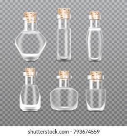 Realistic empty Chemistry glass bottles of potion set. Love potion. Vector illustration.