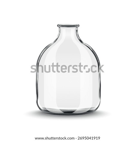 Realistic empty clear glass bottle mockup with wide rounded body 3d mockup isolated on white front view, vase vector illustration for chemical, pharmaceutical, or beverage packaging design.