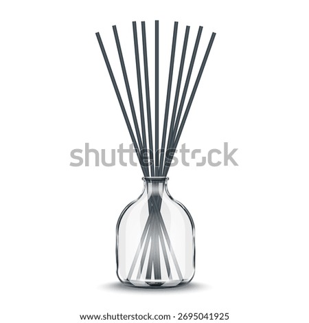 Realistic empty clear glass bottle diffuser with dark reed sticks vector 3d mockup isolated on white for luxury home fragrance, aromatherapy, or essential oil advertising.