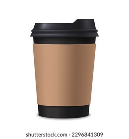 Realistic empty coffee cup template. Brown mug for latte or tea drink. Cafe or restaurant mug for hot beverage. Mockup or close up of isolated container for takeaway or giveaway. Meal with espresso