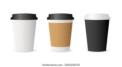 Realistic empty Coffee Paper Cup with plastic lid. Template Set. Collection 3d Coffee Cup Mockup. Vector illustration