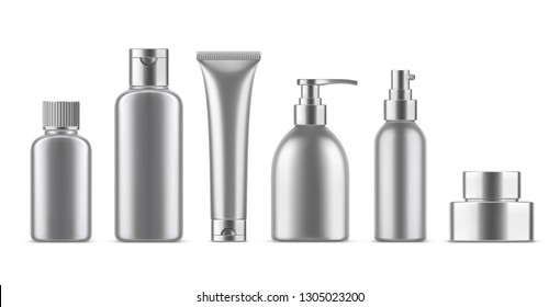 Realistic empty cosmetic bottles set. Collection of blank template metallic plastic package with silver cap. Bottle for liquid soap, shampoo, cream, tube, lotion. 3d Vector mockup isolated on white