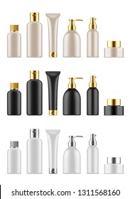 Realistic empty cosmetic bottles set. Collection of blank  plastic package with silver and gold cap. Bottle for liquid soap, shampoo, cream, tube, lotion. 3d Vector mockup isolated on white