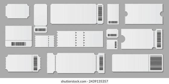 Realistic empty coupons or tickets with bar codes with information or details. Vector isolated blank pieces of paper, admission or entrance cards to movie or theater. Voucher for shops