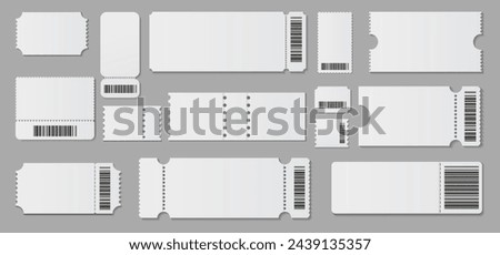 Realistic empty coupons or tickets with bar codes with information or details. Vector isolated blank pieces of paper, admission or entrance cards to movie or theater. Voucher for shops