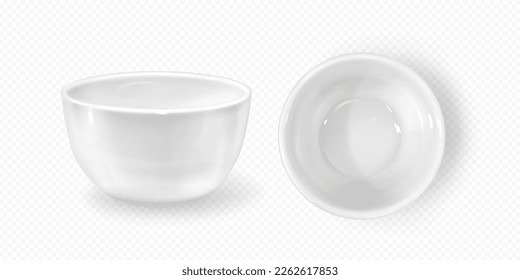 Cuenco de salsa profunda vacío y realista en vector. Placa blanca aislada sobre fondo transparente. Cocina de porcelana de la mofa para el diseño de menús de restaurantes o cafés. Vajilla de ensalada de cerámica en la parte superior y vista lateral.