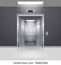 Realistic Empty Elevator With Half Open Door In Lobby