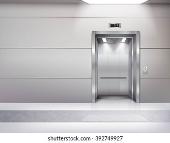 Realistic empty elevator hall interior with waiting lift marble floor ceiling window and grey walls vector illustration