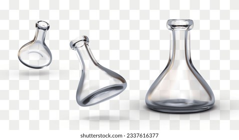 Realistic empty Erlenmeyer flask. Vertical and inclined position. Clean laboratory ware. Set of vector elements with glass texture, reflections, shadows