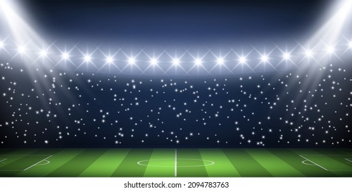Realistic empty football stadium marking green field and glowing light projectors vector illustration. Bright darkness spectators tribune lighting beams horizontal template. Sports championship