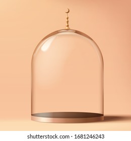 Realistic empty glass bell isolated on light apricot background, 3d illustration