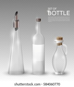 Realistic empty glass bottles collection for olive oil or different beverages on transparent background isolated vector illustration