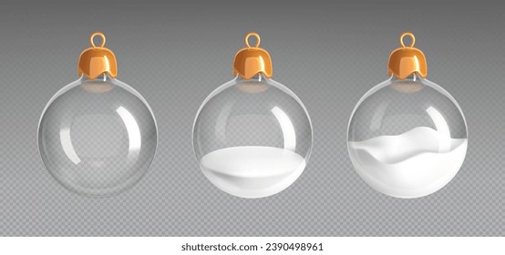Realistic empty glass Christmas balls, hanging Xmas ornaments with snow. 3d transparent tree toy ball, winter holiday festive decorations, New Year celebration decor vector element set