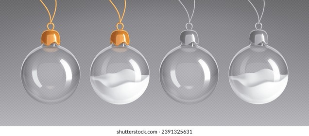 Realistic empty glass Christmas balls, hanging Xmas ornaments with snow. 3d transparent tree toys spheres, New Year celebration toy decor, winter holiday festive decorations vector element set