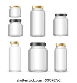 Realistic Empty Glass Jar Can Set for Conservation Food, Jam, Juicy and Sauce. Vector illustration