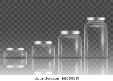 Realistic empty glass jar mockup set, vector illustration isolated on transparent background. Different size glass jars for food preservation.