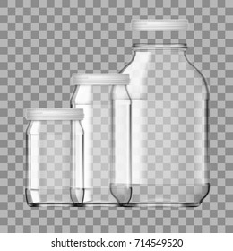 Realistic Empty Glass Jar Set Isolated On White Background. EPS10 Vector