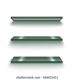 Realistic Empty Glass Shiny Shelves Set on Wall for Home, Shop or Office. Vector illustration