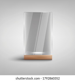 Realistic Empty Glass Showcase Imockup With Blank Lit Space Inside - Museum Or Exhibition Item Display Case Box On Wooden Base. Vector Illustration.