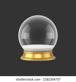 Balón esférica de vidrio vacío realista sobre pedestal dorado con ilustración vectorial de luz reflejada. 3d plantilla mágico globo satinado transparente esfera decoración festiva paquete de diseño de círculo mágico aislado