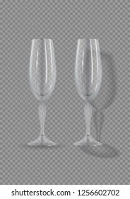 Realistic empty glasses of champagne.  Glasses of wine isolated on transparent background. Vector illustration.