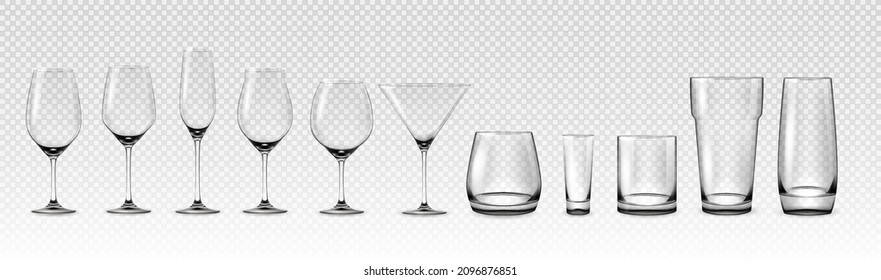 Realistic empty glasses. Glass cup and cocktail stemware mockup. Transparent glassware for wine and alcohol drinks. 3D crystal utensil for beverage serving. Vector bar drinkware set
